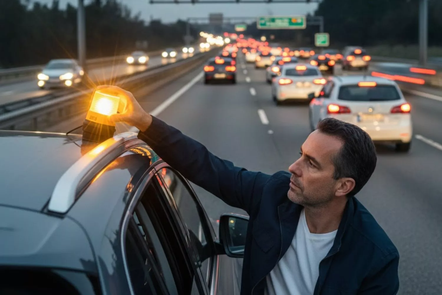 Un conductor coloca una baliza V16   GEMINI