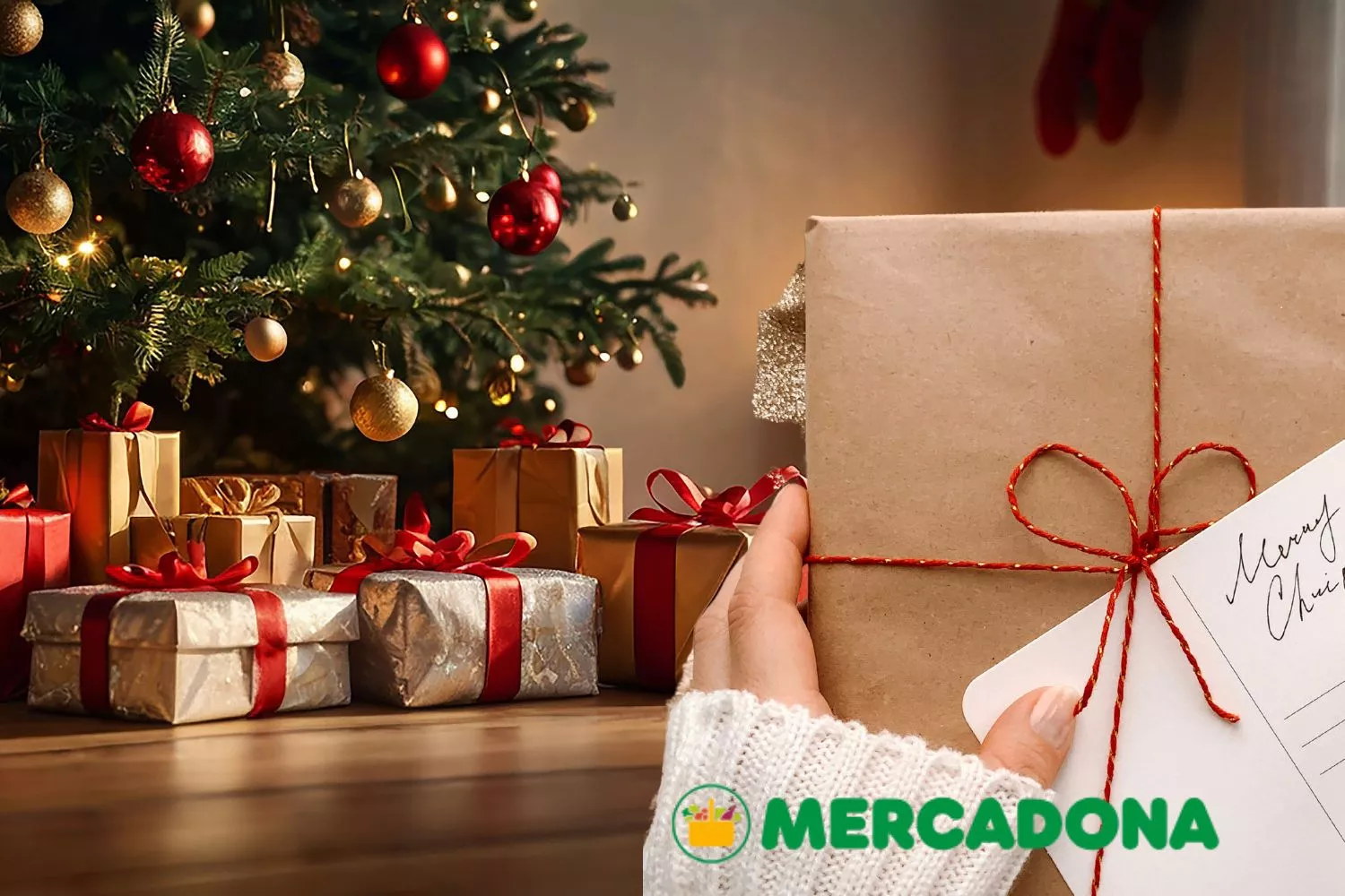 Regalos de Mercadona junto a un árbol de Navidad / Montaje CONSUMIDOR GLOBAL