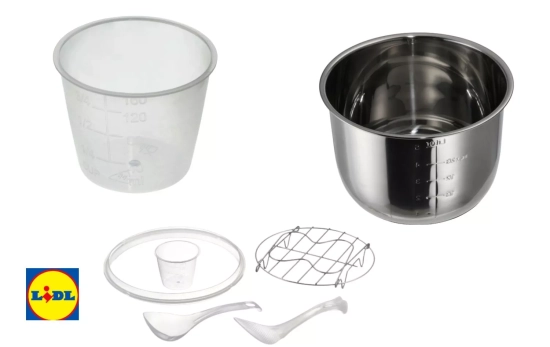 Contenido del envío: olla de acero inoxidable de 5,7 l, vaso medidor, cuchara para arroz, cuchara para sopa, vaporera con asas prácticas y junta de silicona para la tapa/ LIDL Contenido del envío: olla de acero inoxidable de 5,7 l, vaso medidor, cuchara para arroz, cuchara para sopa, vaporera con asas prácticas y junta de silicona para la tapa/ LIDL