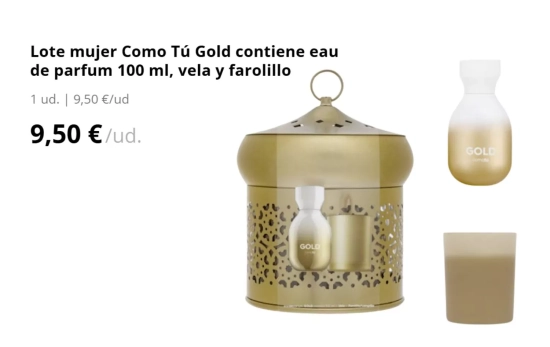 Lote mujer Como Tú Gold contiene eau de parfum 100 ml, vela y farolillo/ MERCADONA