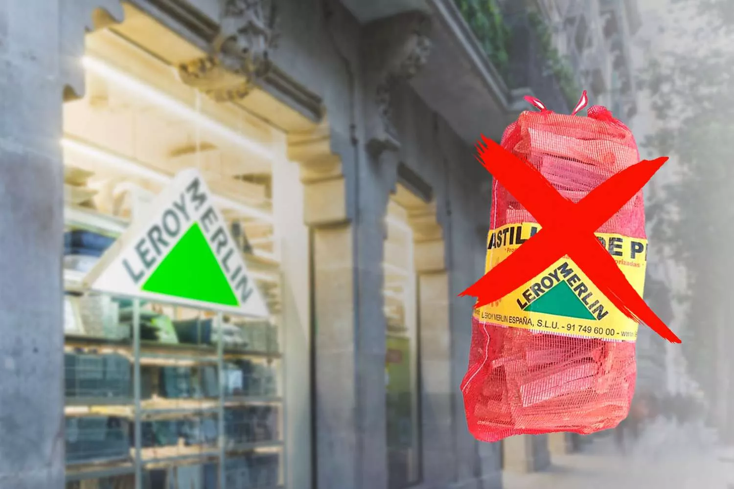 Una tienda de Leroy Merlin y una bolsa de astillas / Montaje CONSUMIDOR GLOBAL