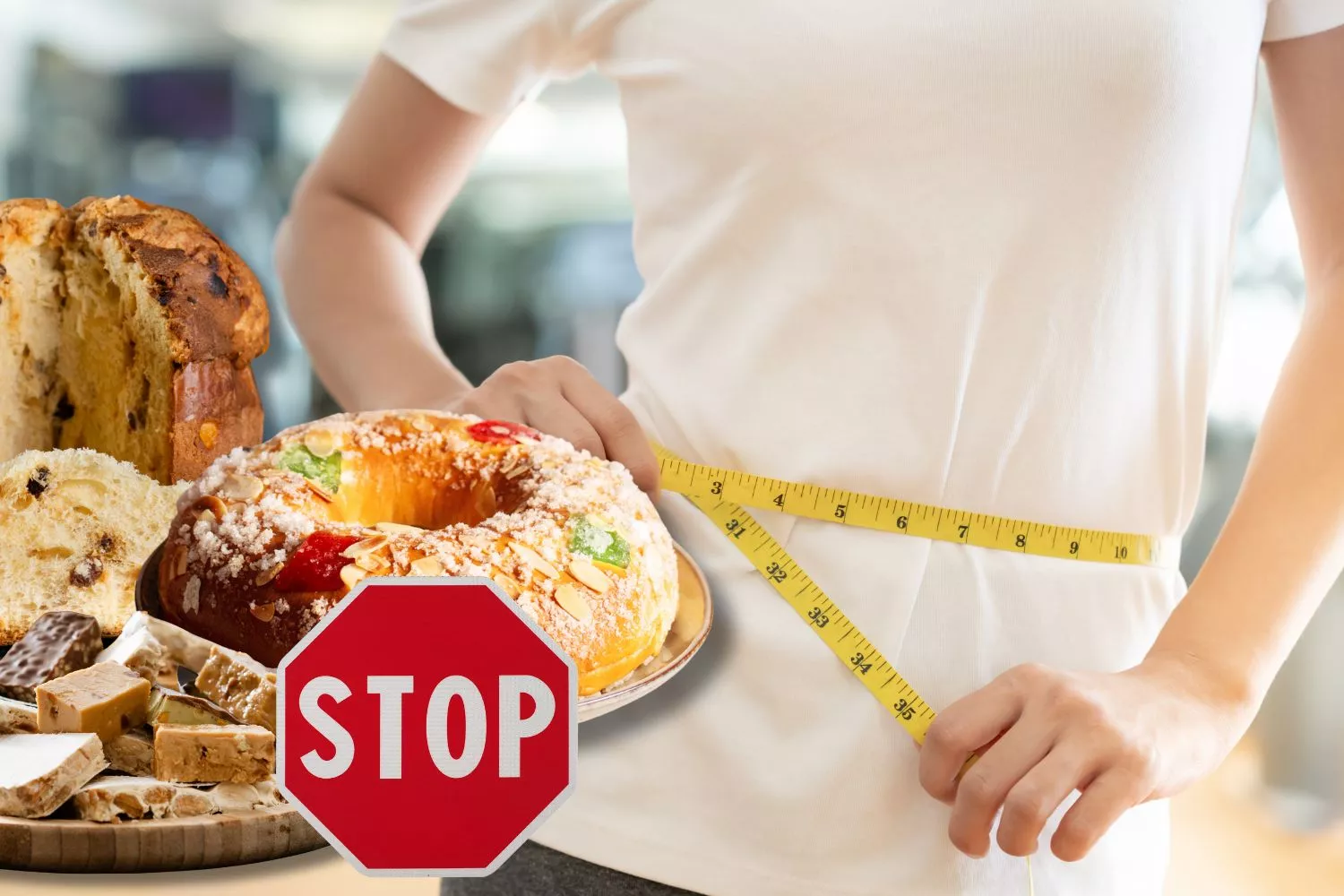 Una persona que sigue la dieta para adelgazar 3 o 5 kilos en un mes después de los excesos de Navidad/ Montaje Consumidor Global