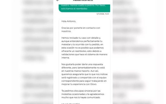 La respuesta de Glovo negando el reembolso CEDIDA La respuesta de Glovo negando el reembolso CEDIDA