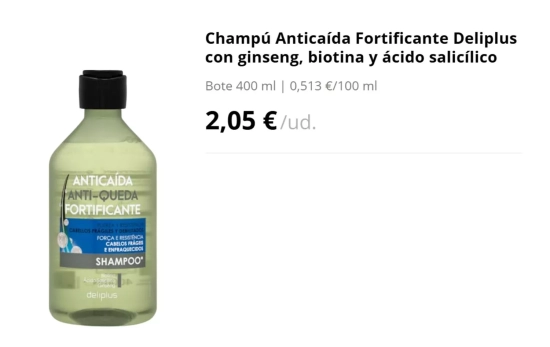 Champú Anticaída Fortificante Deliplus con ginseng, biotina y ácido salicílico/ MERCADONA