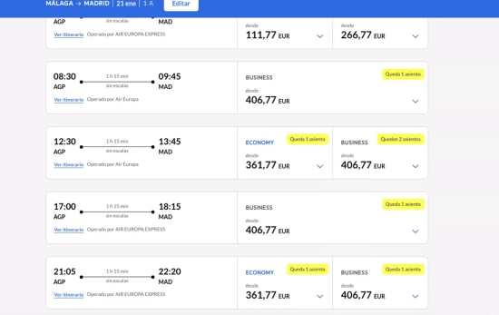 Los precios para viajar de Málaga a Madrid el 21 de enero   CAPTURA