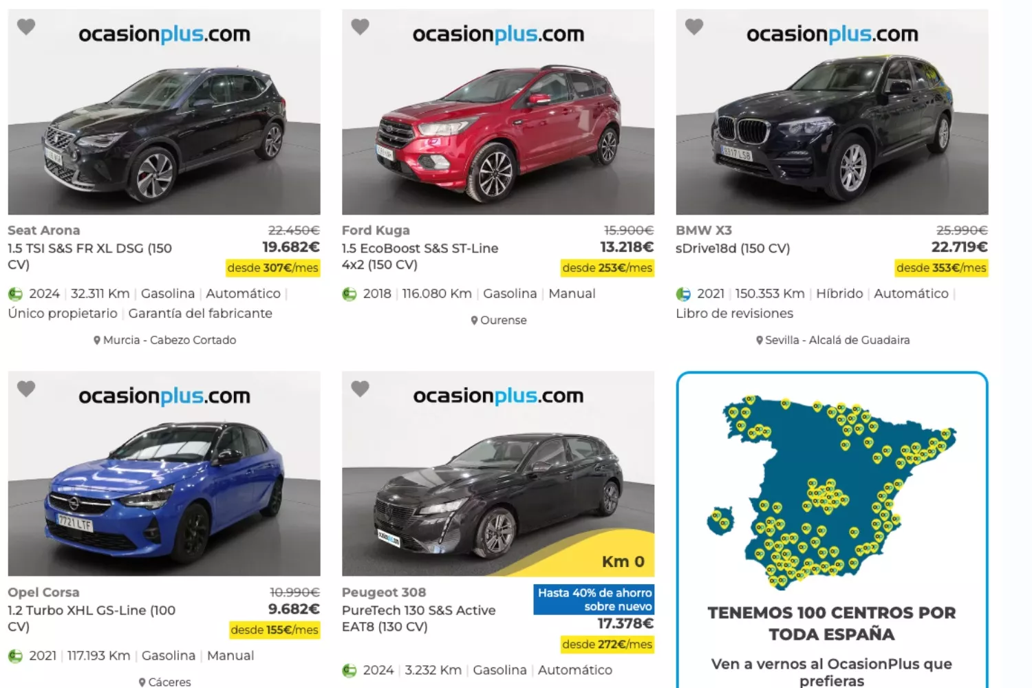 La web de Ocasionplus, otro de los portales de coches de segunda mano denunciado por la OCU / CAPTURA