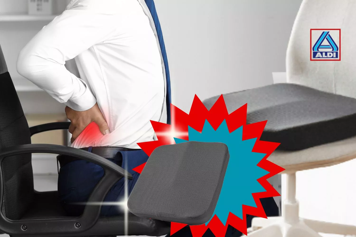 Una persona con dolor de espalda por no usar el cojín postural de Aldi / Montaje Consumidor Global