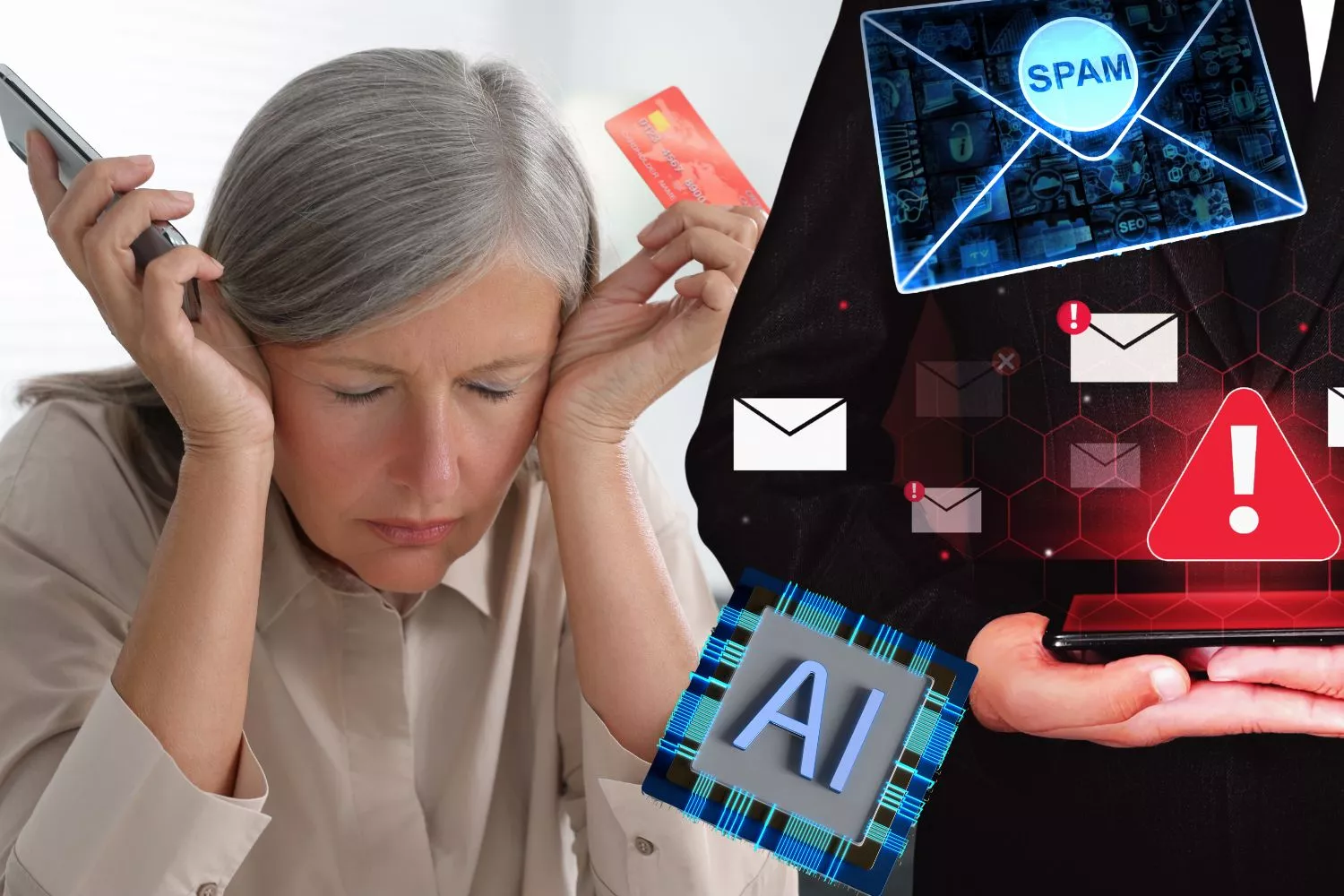 Una mujer abrumada por una estafa a causa de la IA generativa / Montaje Consumidor Global