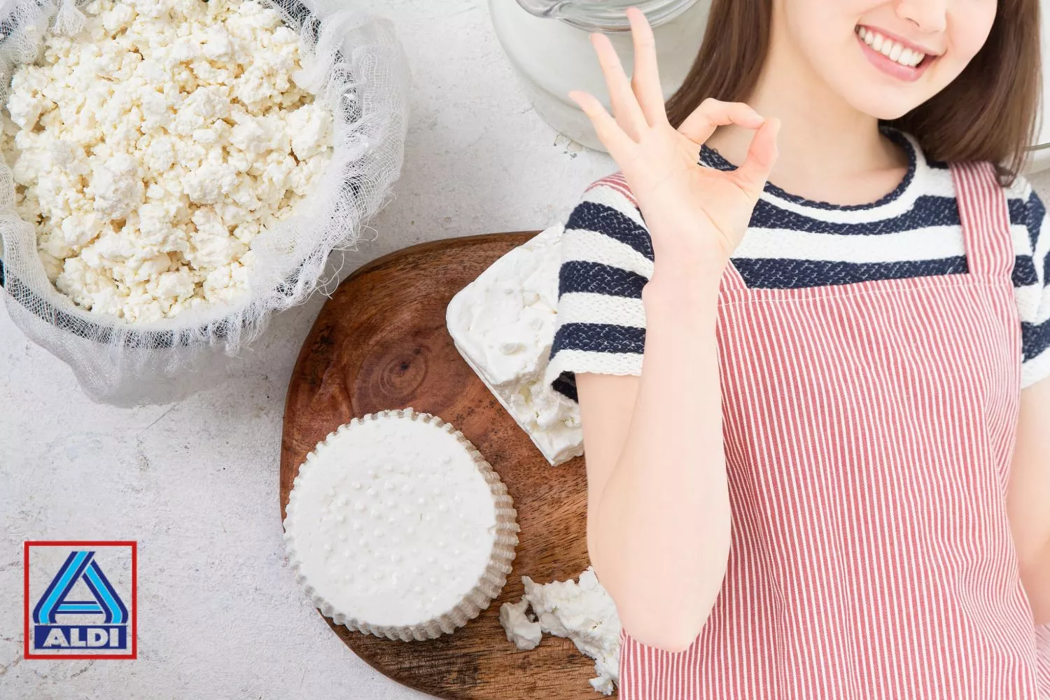 El logo de Aldi, un queso y una consumidora / Montaje Consumidor Global