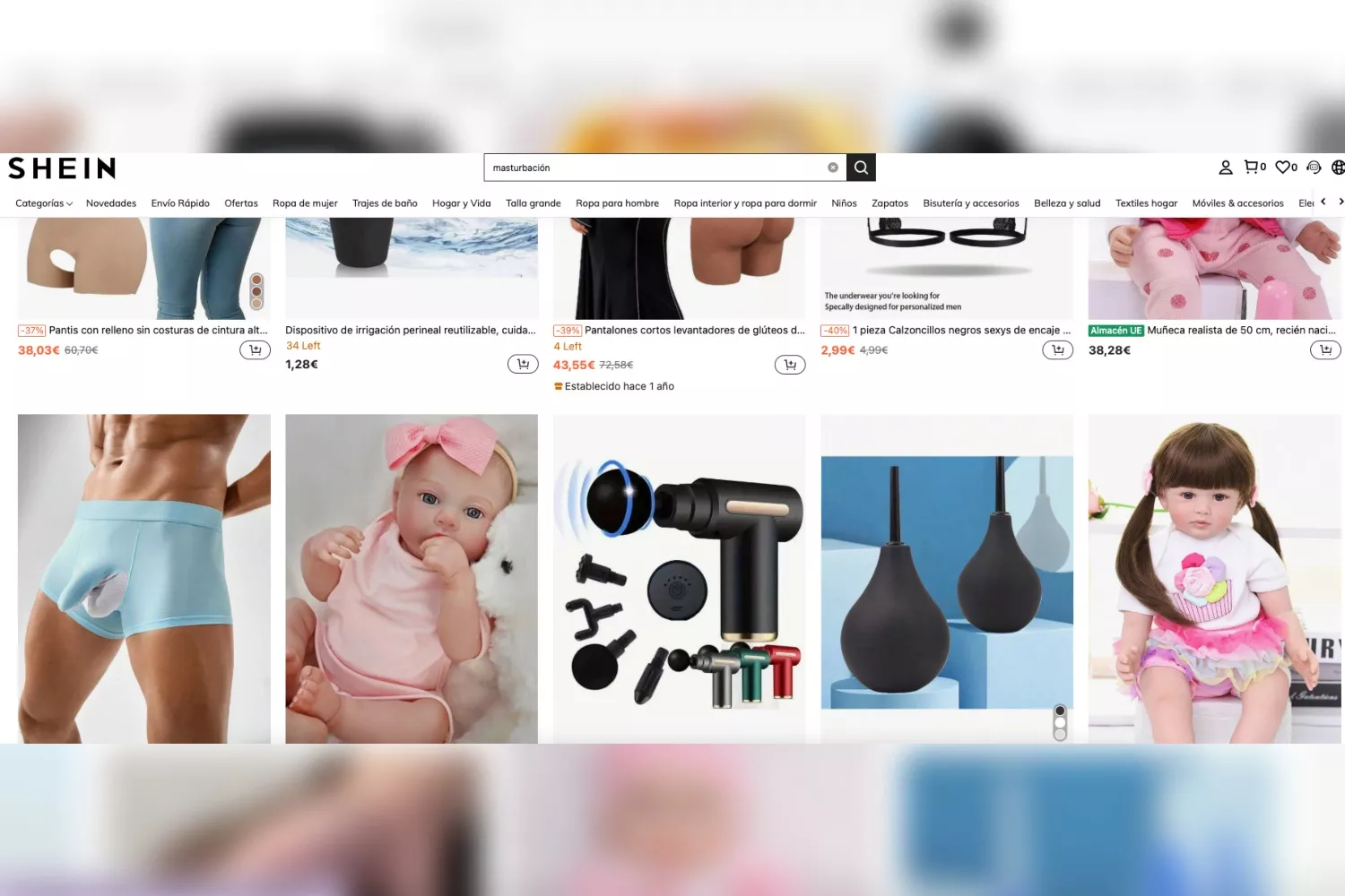 Muñecos infantiles en la sección de  masturbación de Shein / CAPTURA