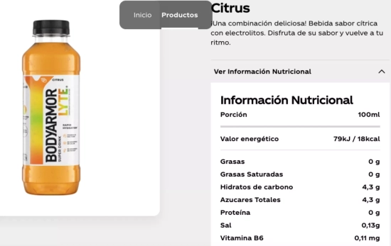Captura de la información nutricional de Bodyarmor Lyte