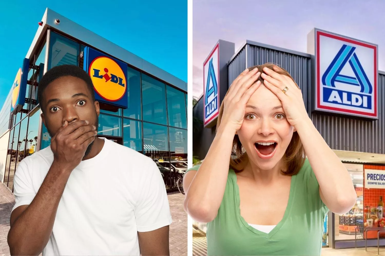 Dos personas sorprendidas y dos supermercados de Lidl y Aldi / Montaje Consumidor Global