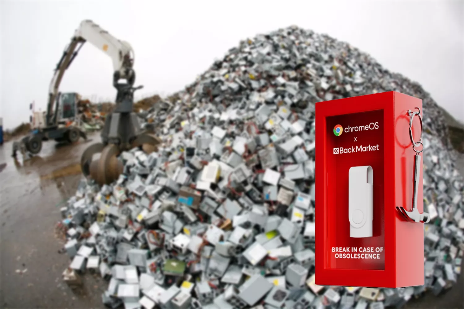 Una montaña de basura electrónica y el nuevo USB de Google y Back Market / Montaje CONSUMIDOR GLOBAL