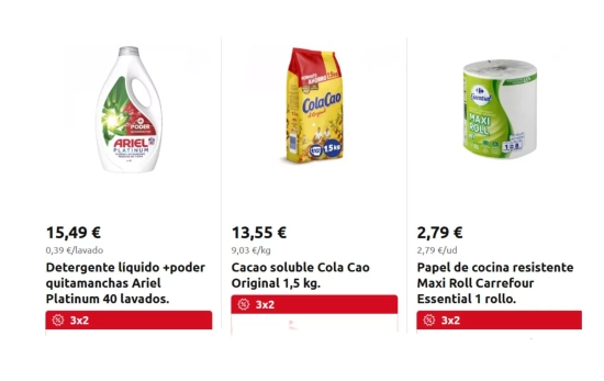 Ejemplos de artículos que gozan del 3x2/ CARREFOUR