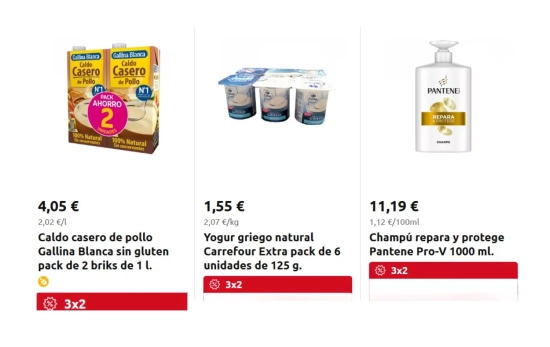 Ejemplos de artículos que gozan del 3x2/ CARREFOUR