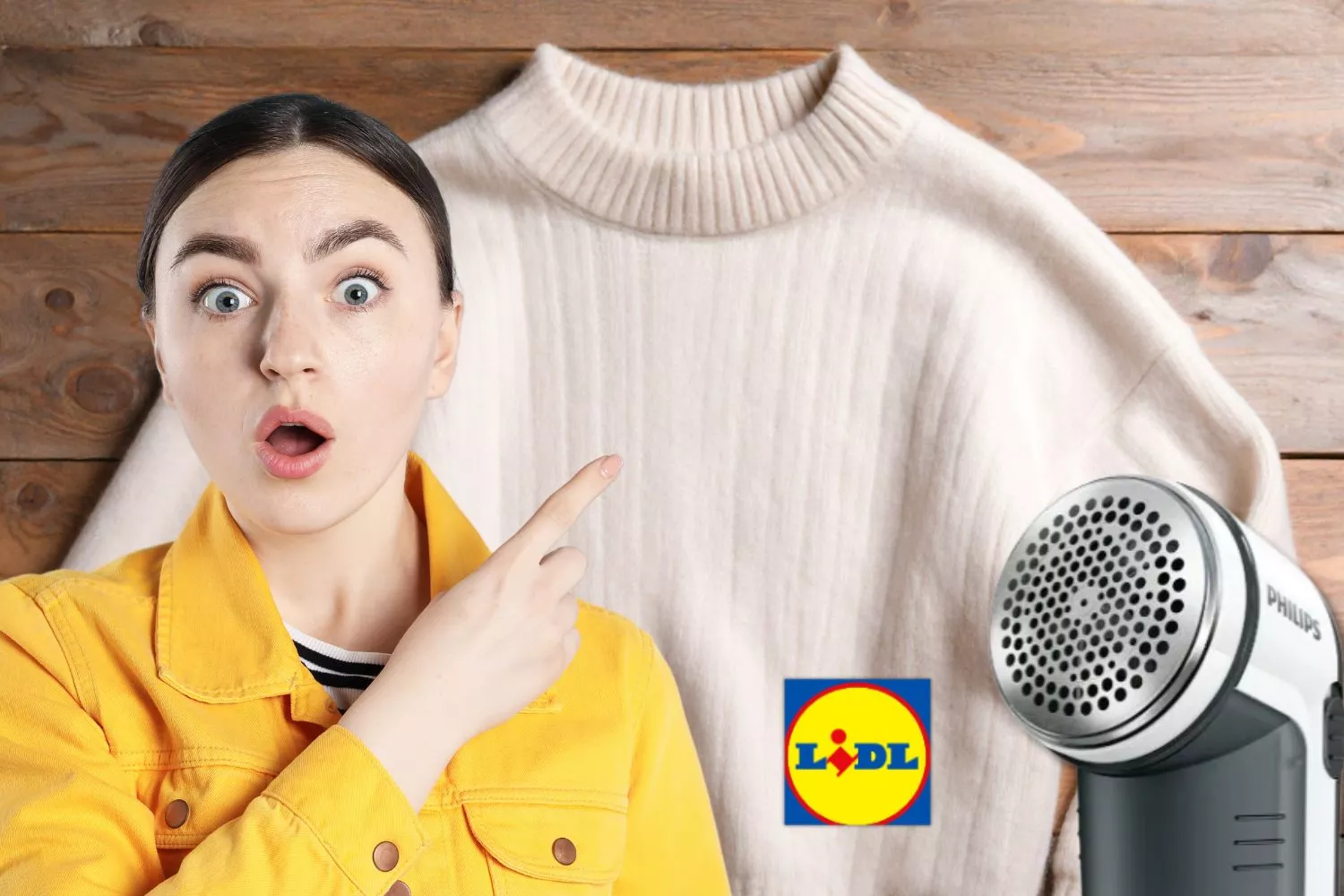 Una consumidora, un jersey y el quitapelusas de Lidl / Montaje Consumidor Global
