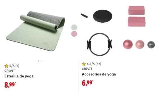 Accesorios yoga y pilates de la marca Crivit/ LIDL