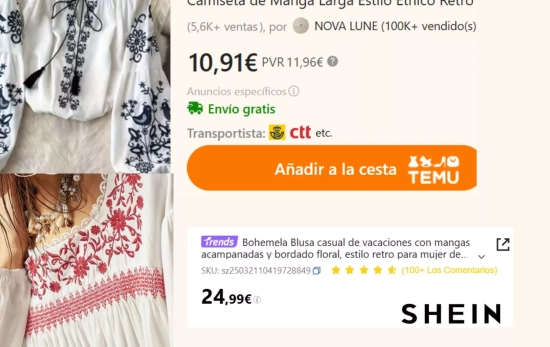 Camisa húngara de venta en Temu y Shein/ Montaje Consumidor Global