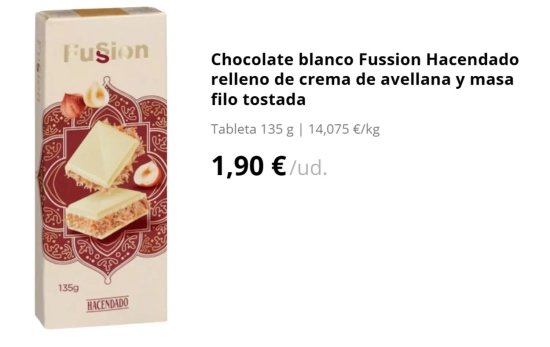 Chocolate blanco Fussion Hacendado relleno de crema de avellana y masa filo tostada/ MERCADONA