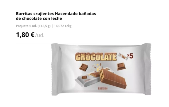Barritas crujientes Hacendado bañadas de chocolate con leche/ MERCADONA