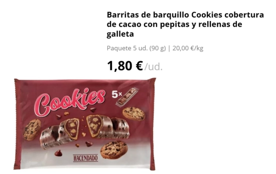 Barritas de barquillo Cookies cobertura de cacao con pepitas y rellenas de galleta/ MERCADONA