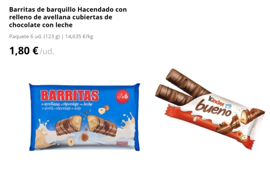 Barritas de barquillo Hacendado que imitan al Kinder Bueno original/ Montaje Consumidor Global