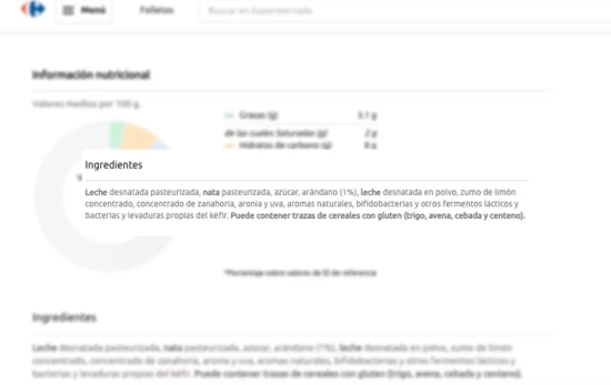 Listado de ingredientes del kéfir de arándanos de Activia / CG Listado de ingredientes del kéfir de arándanos de Activia / CG