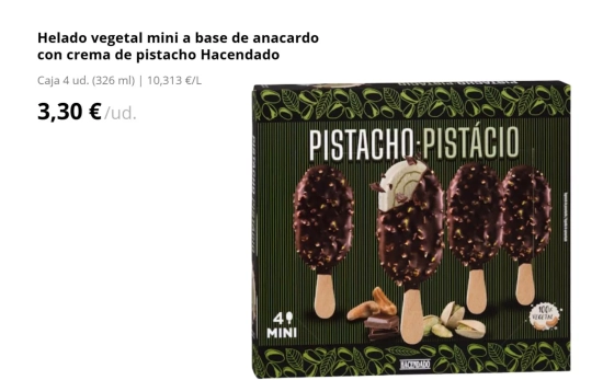 Helado vegetal mini a base de anacardo con crema de pistacho / MERCADONA