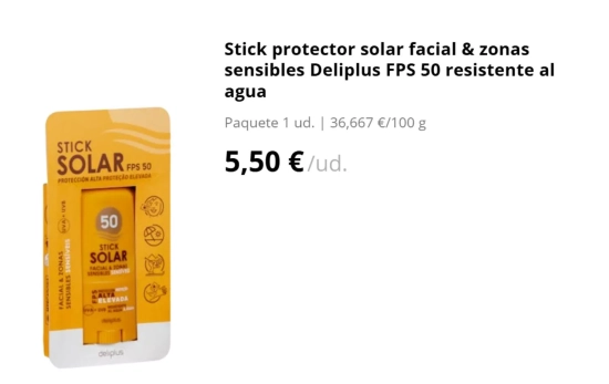 Stick protector solar facial & zonas sensibles Deliplus FPS 50 resistente al agua/ MERCADONA