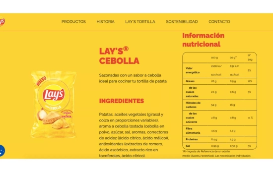 Ingredientes e información nutricional de las Lay's sabor cebolla / LAY'S Ingredientes e información nutricional de las Lay's sabor cebolla / LAY'S