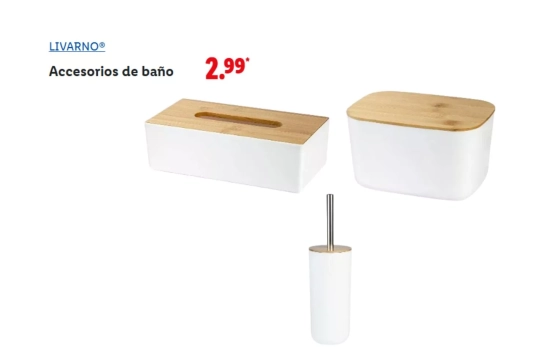 Accesorios de baño en blanco y madera/ LIDL