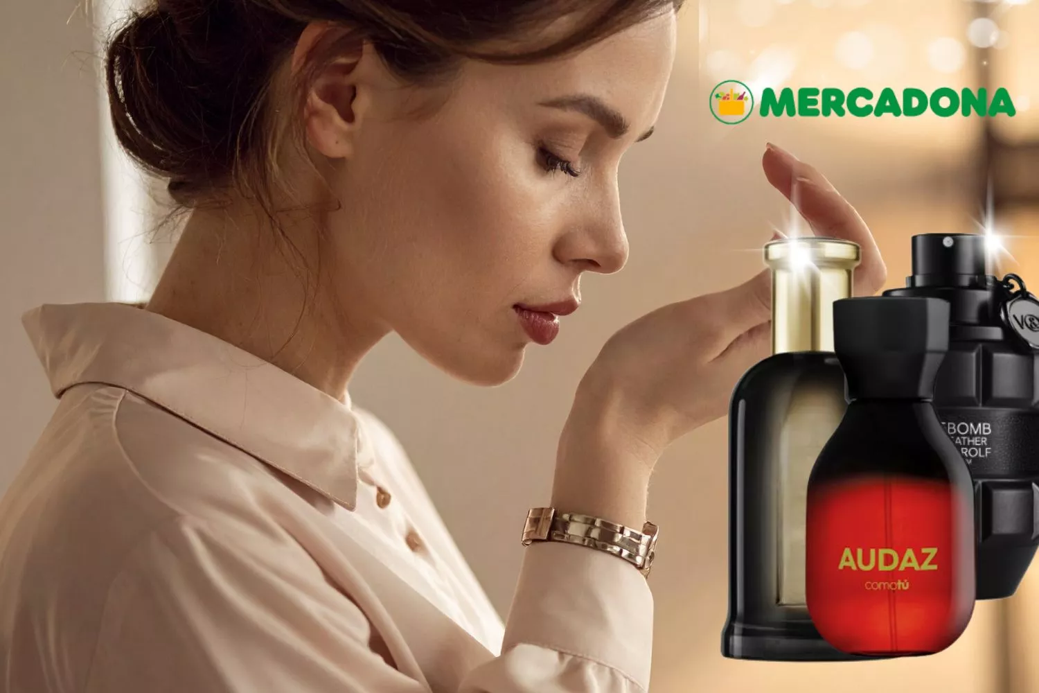 Una mujer junto a varios perfumes de distintos tipos / Montaje Consumidor Global