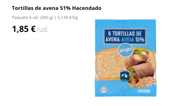 Tortillas de avena 51% Hacendado/ MERCADONA