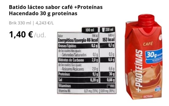 Batido lácteo sabor café +Proteínas Hacendado 30 g proteínas/ MERCADONA Batido lácteo sabor café +Proteínas Hacendado 30 g proteínas/ MERCADONA