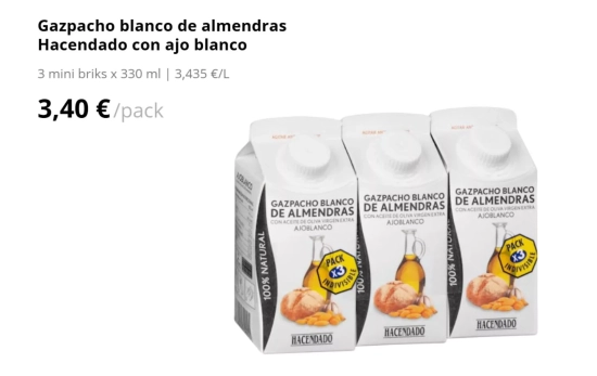 Gazpacho blanco de almendras Hacendado con ajo blanco/ MERCADONA Gazpacho blanco de almendras Hacendado con ajo blanco/ MERCADONA
