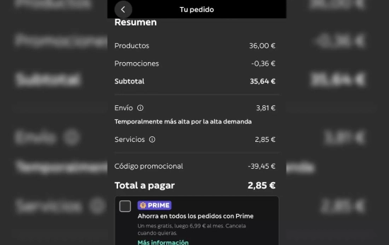 Glovo aplica el código promocional pero cobra por segunda vez los gastos por servicio / CEDIDA Glovo aplica el código promocional pero cobra por segunda vez los gastos por servicio / CEDIDA