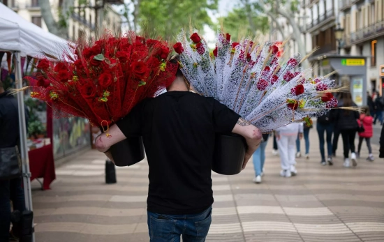Un hombre con decenas de rosas rojas el día de Sant Jordi 2024 / EP