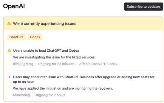 Mensaje de OpenAI reconociendo la caída de ChatGPT / OPENAI