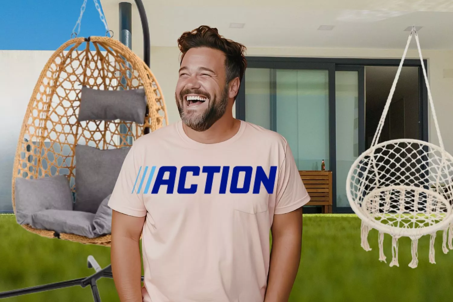 El logo de Action, una persona y las sillas colgantes / Fotomontaje CONSUMIDOR GLOBAL