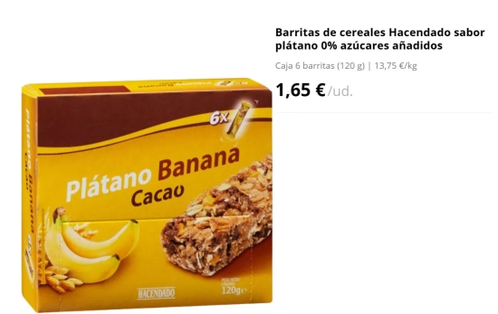 Barritas de cereales Hacendado sabor plátano 0% azúcares / MERCADONA