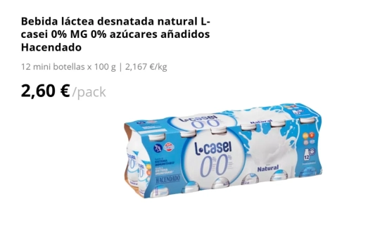 Bebida láctea desnatada natural L-casei 0% MG 0% azúcares añadidos Hacendado/ MERCADONA