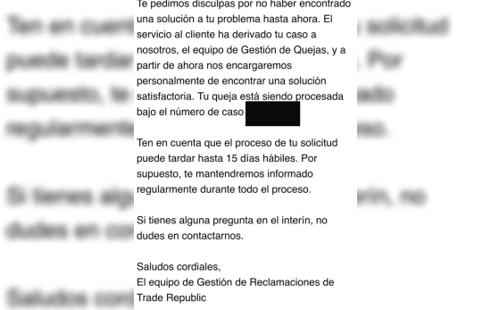 Respuesta de Trade Republic a la afectada / CEDIDA Respuesta de Trade Republic a la afectada / CEDIDA