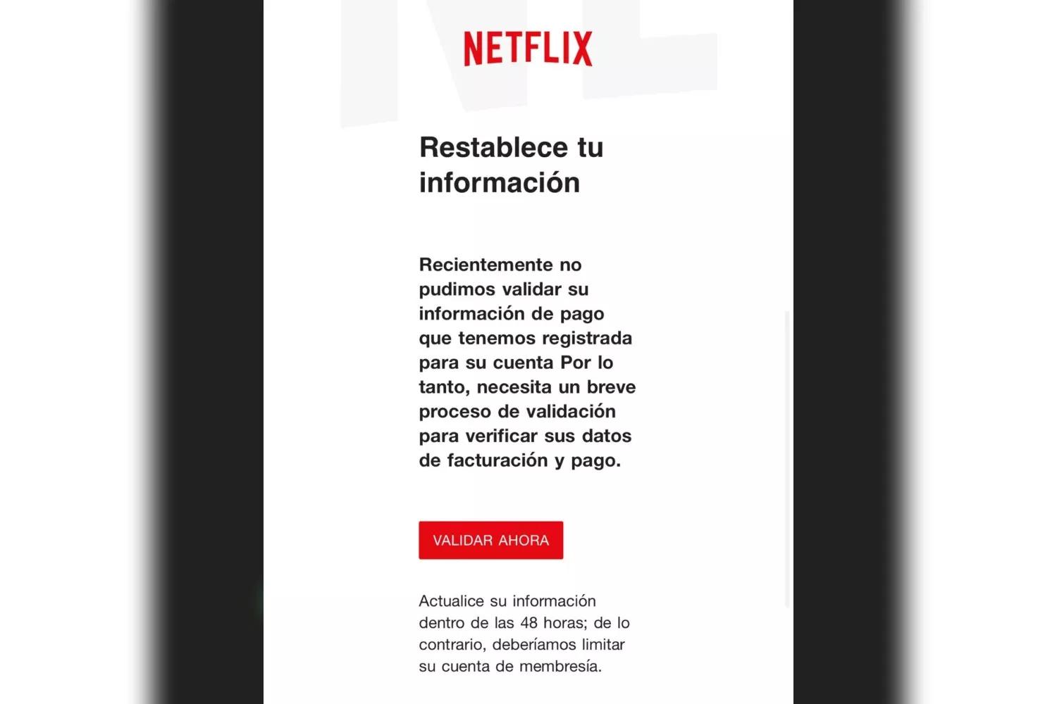 El mensaje de Netflix que recibió Sebastián R. / CAPTURA