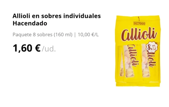 Allioli en sobres individuales Hacendado/ MERCADONA Allioli en sobres individuales Hacendado/ MERCADONA