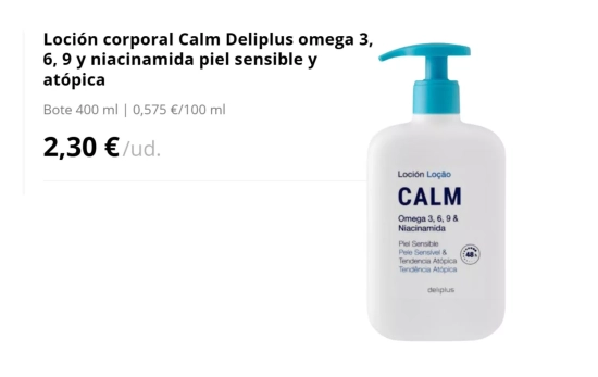 Loción corporal Calm Deliplus omega 3, 6, 9 y niacinamida piel sensible y atópica/ MERCADONA