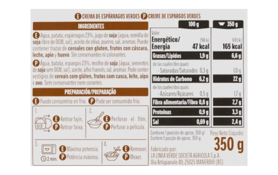 Aporte calórico de la crema de espárragos/ MERCADONA