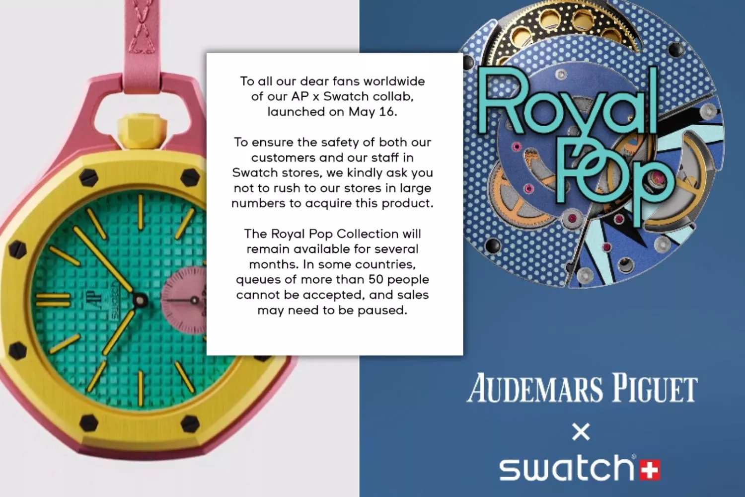 Swatch emite un comunicado debido a la enorme afluencia de público generada por su colaboración con Audemars Piguet / Fotomontaje Consumidor Global