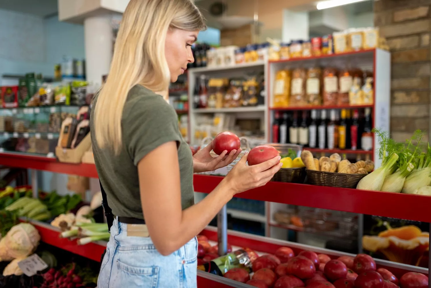 Una mujer sostiene frutas