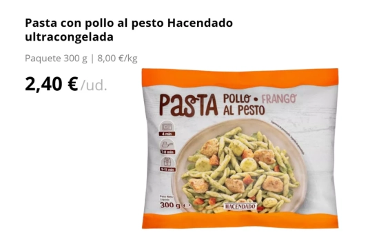 Pasta con pollo al pesto Hacendado ultracongelada/ MERCADONA Pasta con pollo al pesto Hacendado ultracongelada/ MERCADONA