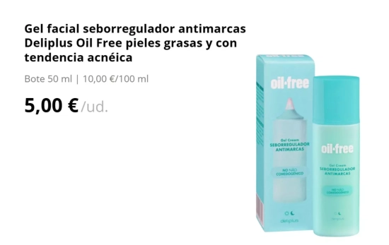 Gel facial seborregulador antimarcas Deliplus Oil Free pieles grasas y con tendencia acnéica/ MERCADONA Gel facial seborregulador antimarcas Deliplus Oil Free pieles grasas y con tendencia acnéica/ MERCADONA
